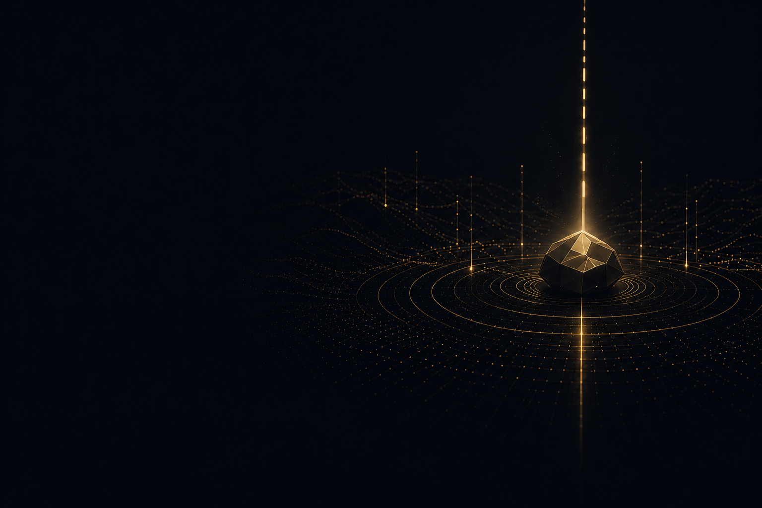 A low-poly gold crystal grounded in a radiating field of concentric gold rings, a single beam of light rising from it into the dark